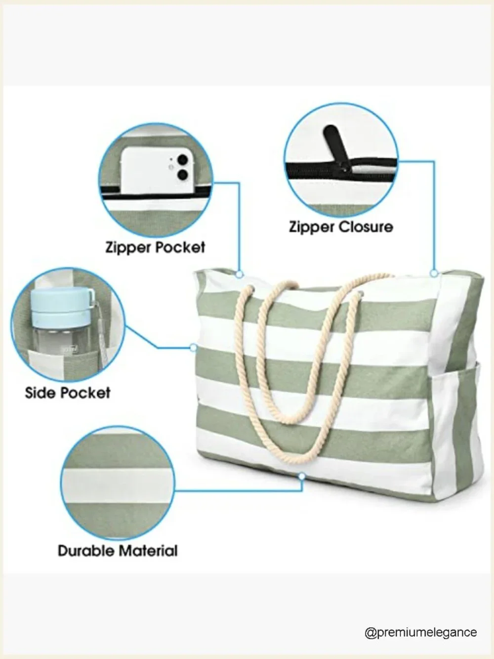 Large Waterproof Beach Tote Bag with Zipper Sandproof Pool Bag Travel Tote